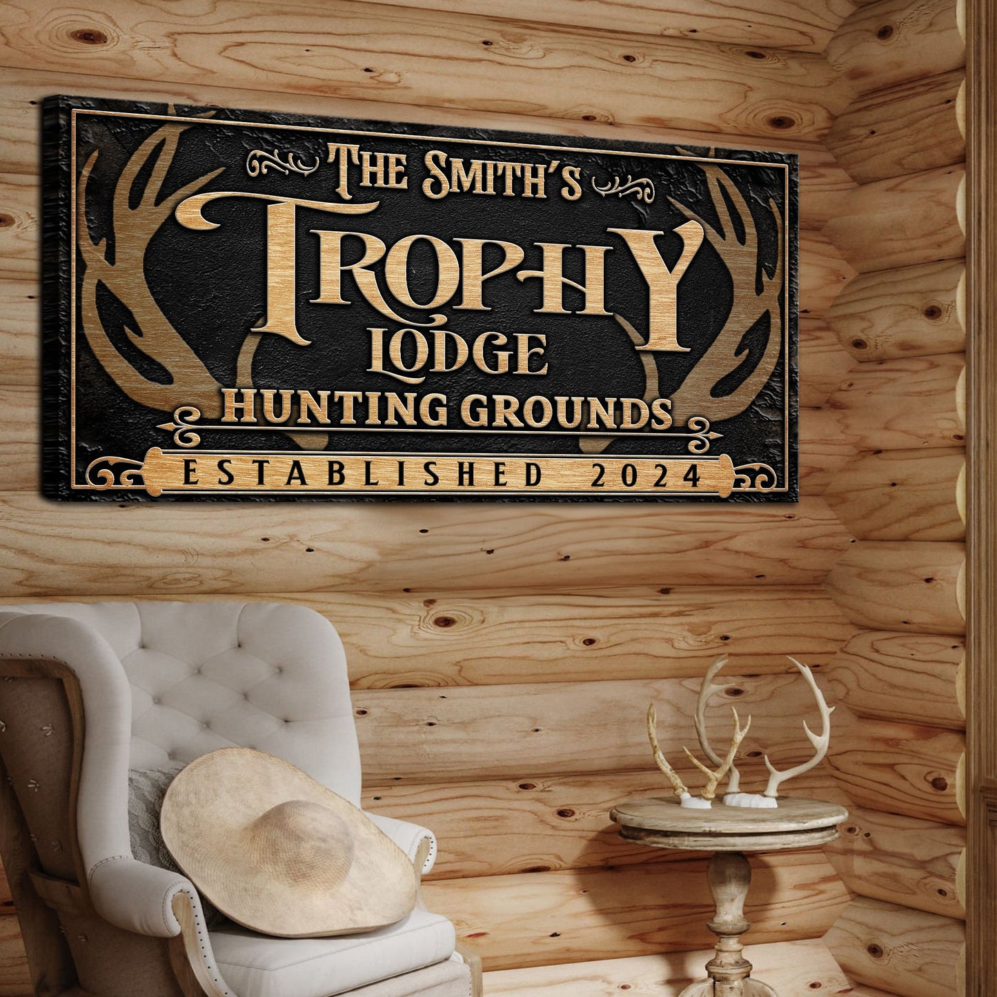 Family Antler Sign III canvas by Tailored Canvases with gold on black and antler motif on Tampa Home & Garden Store