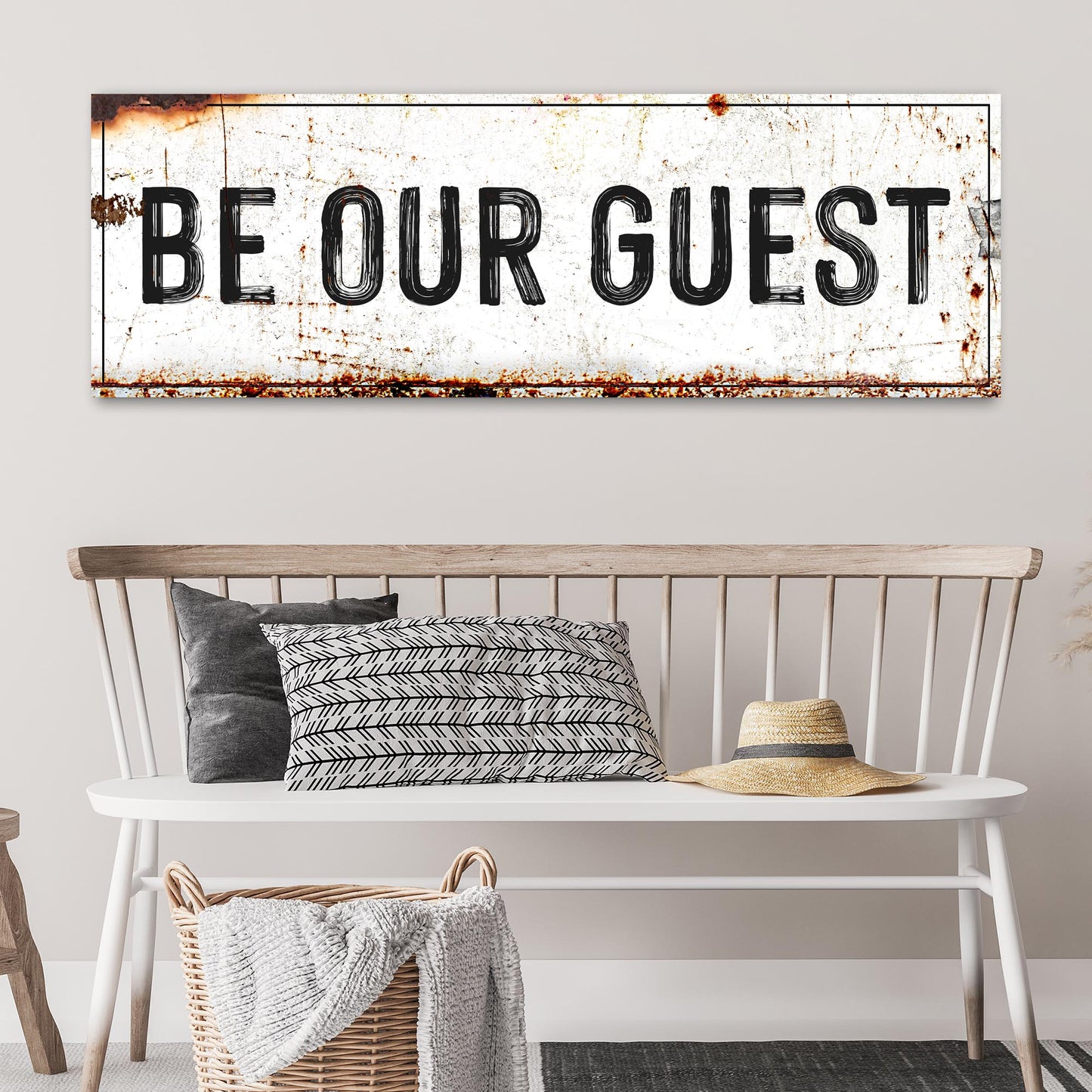 Be Our Guest Sign V canvas by Tailored Canvases, rustic white sign with bold black lettering on Tampa Home & Garden Store