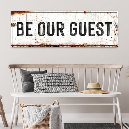 Be Our Guest Sign V canvas by Tailored Canvases, rustic white sign with bold black lettering on Tampa Home & Garden Store