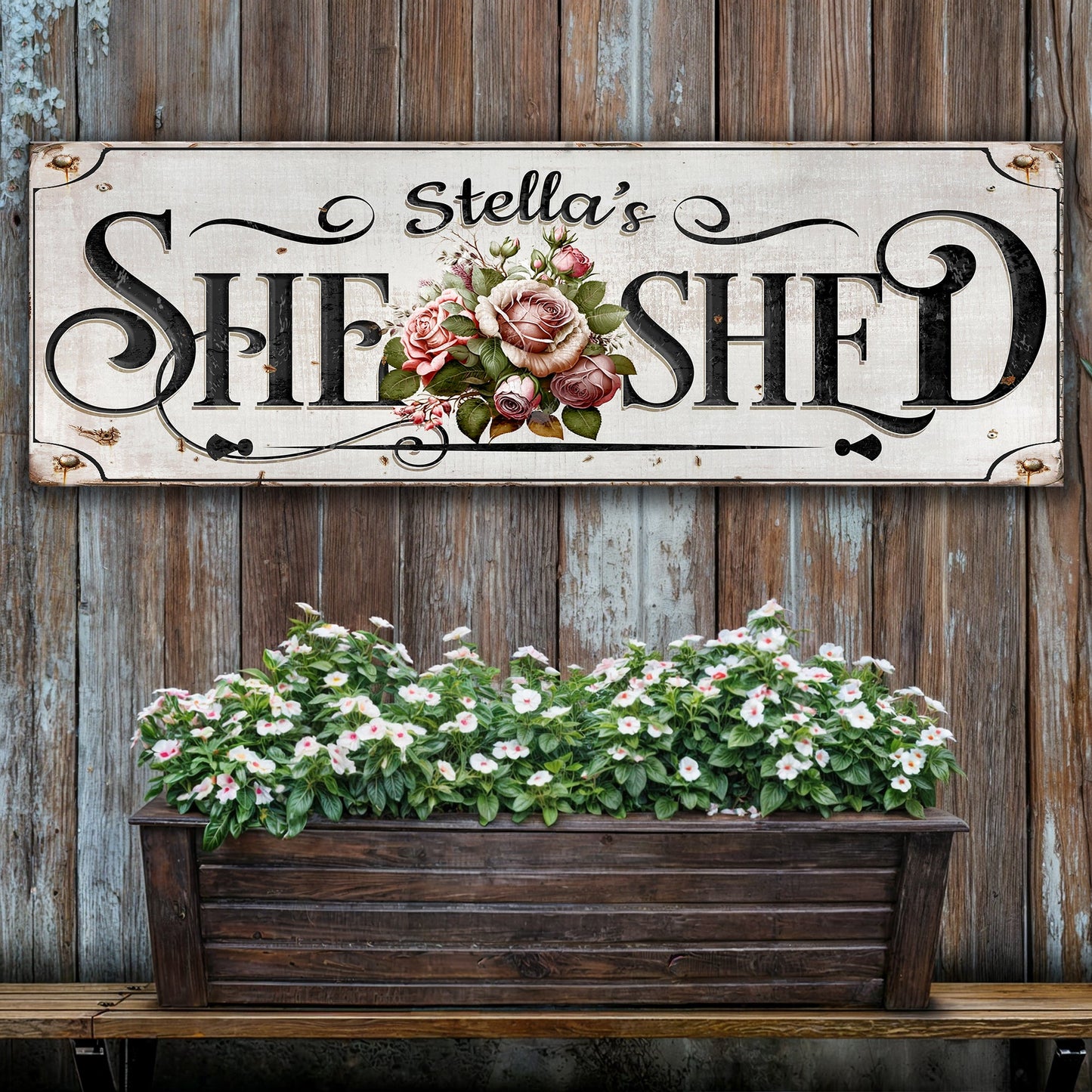 Personalized She Shed Sign canvas with pink rose bouquet on wood background on Tampa Store on Tampa Home & Garden Store