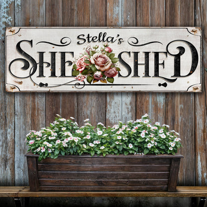 Personalized She Shed Sign canvas with pink rose bouquet on wood background on Tampa Store on Tampa Home & Garden Store