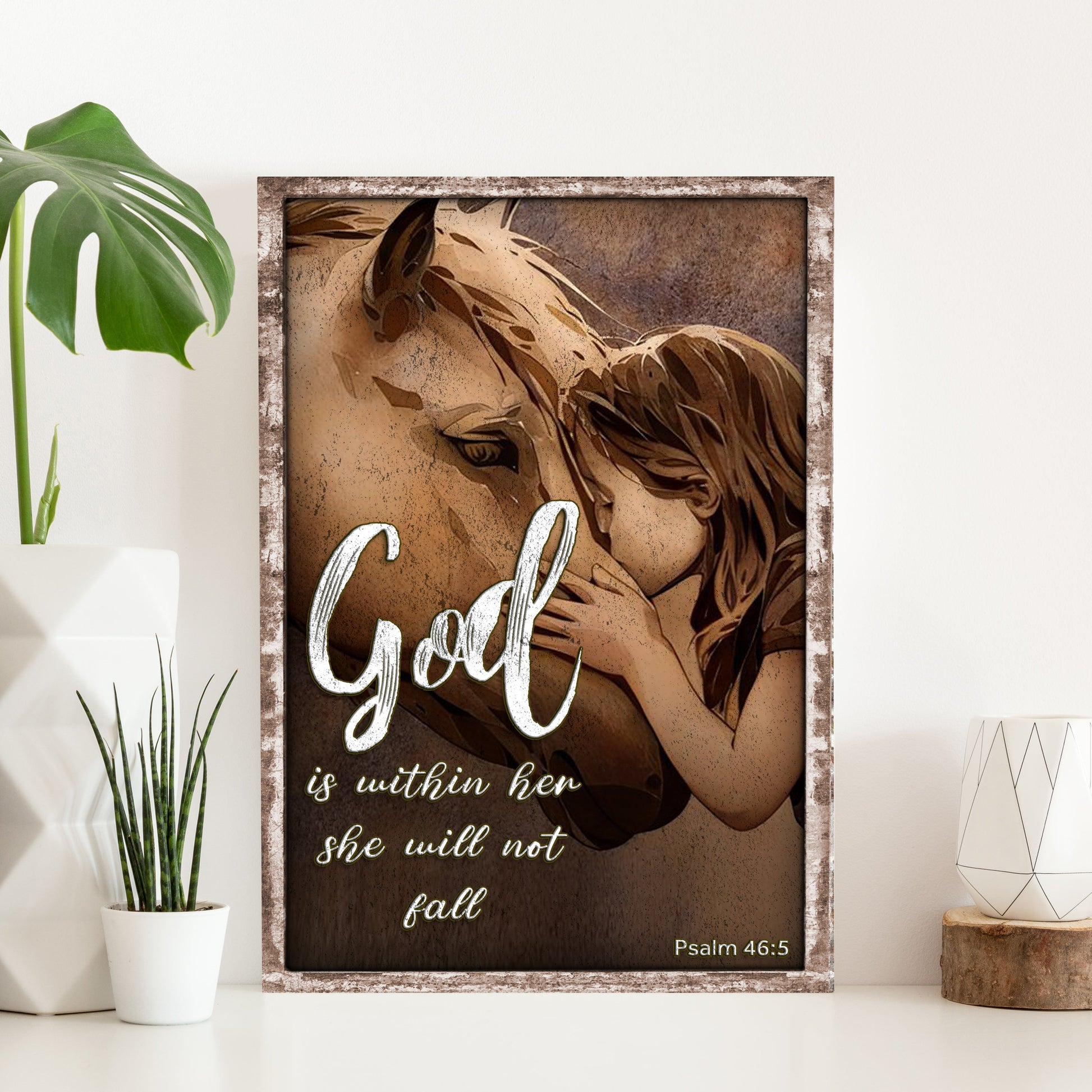 Canvas faith sign Tailored Canvases with brown horse image and script text in rustic frame on Tampa Home & Garden Store