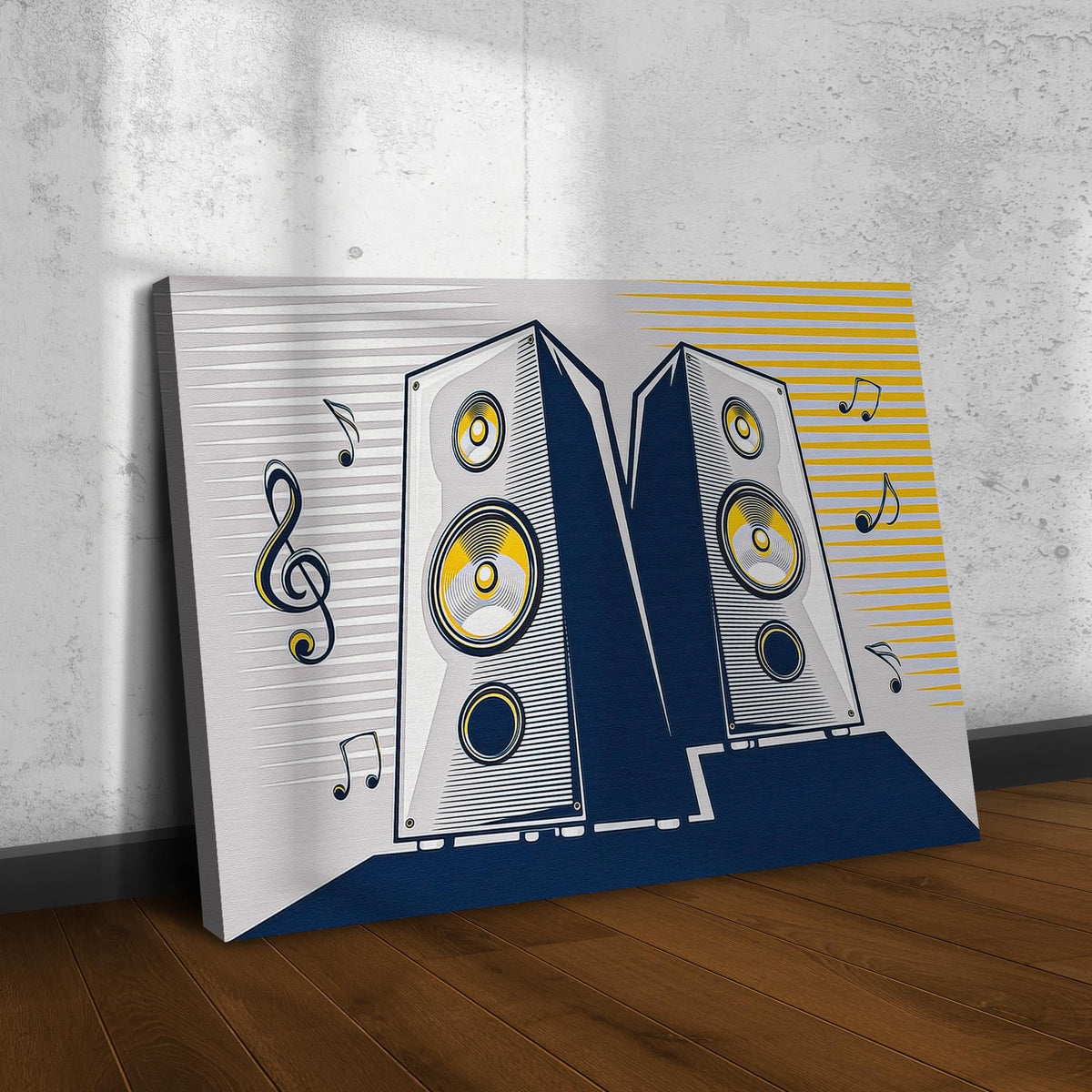 Music speakers pop art canvas wall art with two blue speakers and yellow stripes musical notes on Tampa Home & Garden Store