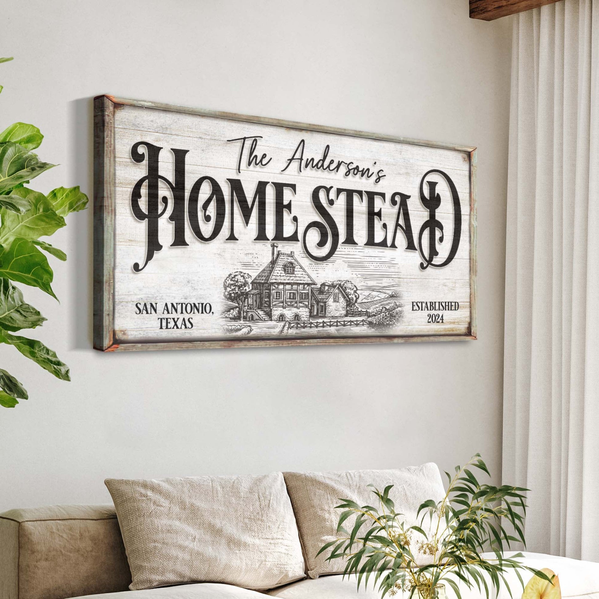 Homestead Sign X canvas crafting sign with rustic whitewash and bold black typography on Tampa Home & Garden Store