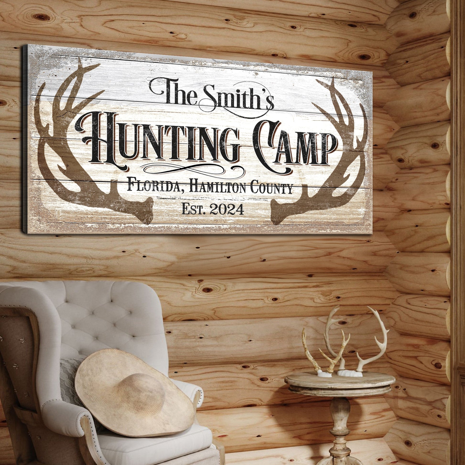 Hunting Camp Family Sign canvas by Tailored Canvases with rustic wood and antler motif on Tampa Home & Garden Store