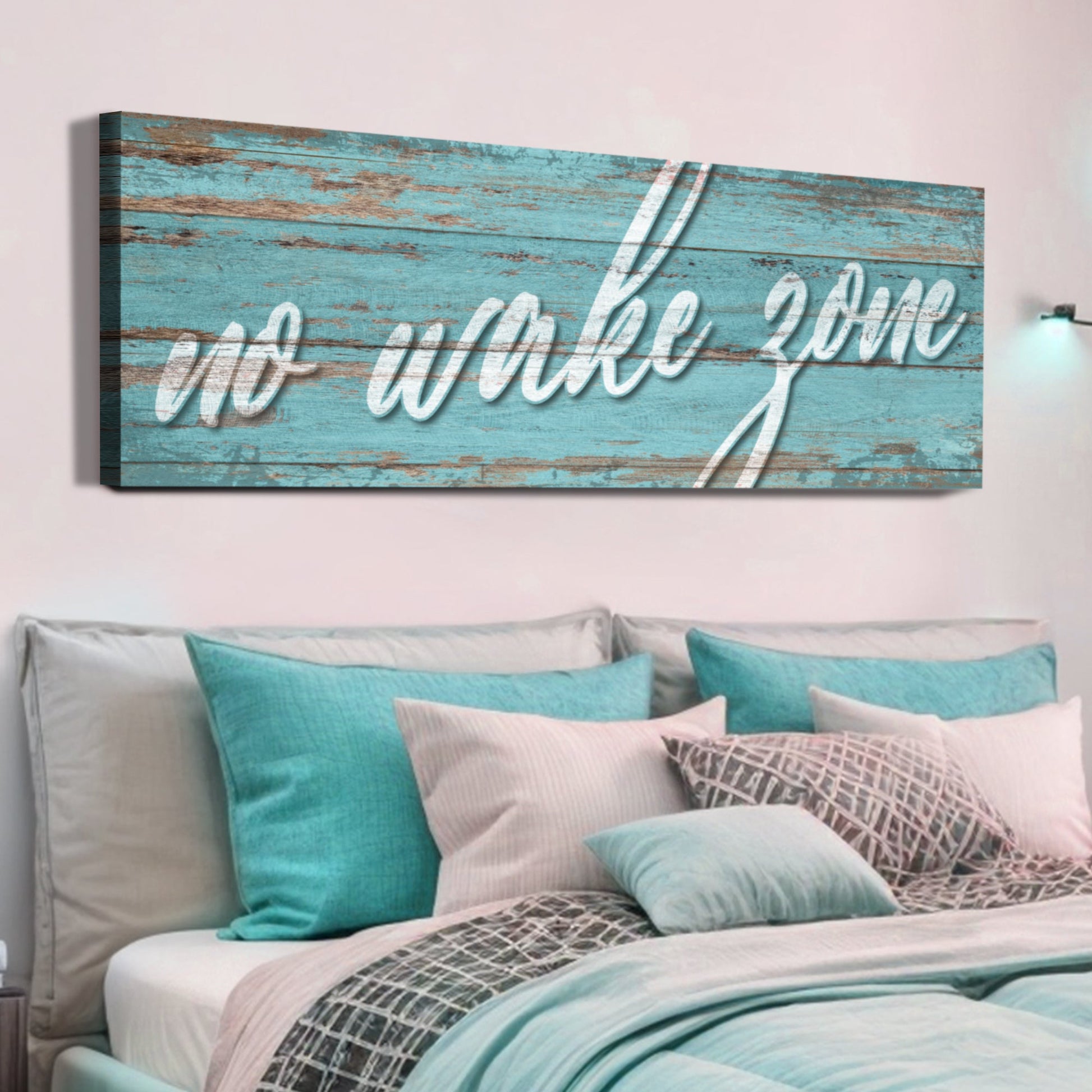 No Wake Zone Sign XIX canvas wall art on turquoise weathered wood with white script on Tampa Home & Garden Store