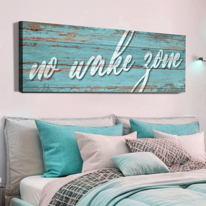 No Wake Zone Sign XIX canvas wall art on turquoise weathered wood with white script on Tampa Home & Garden Store