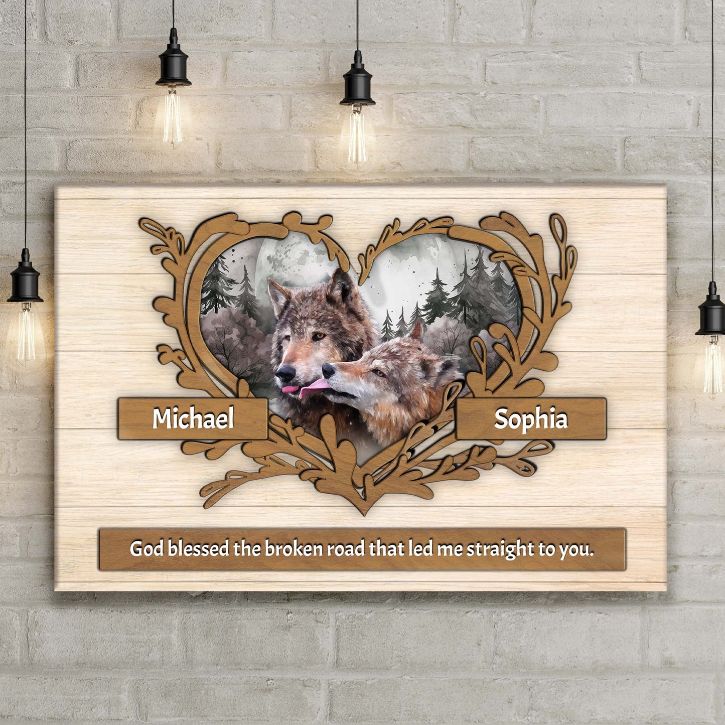 Couple Wolves Sign II canvas with wood frame wolf art and name plaques Michael and Sophia on Tampa Home & Garden Store
