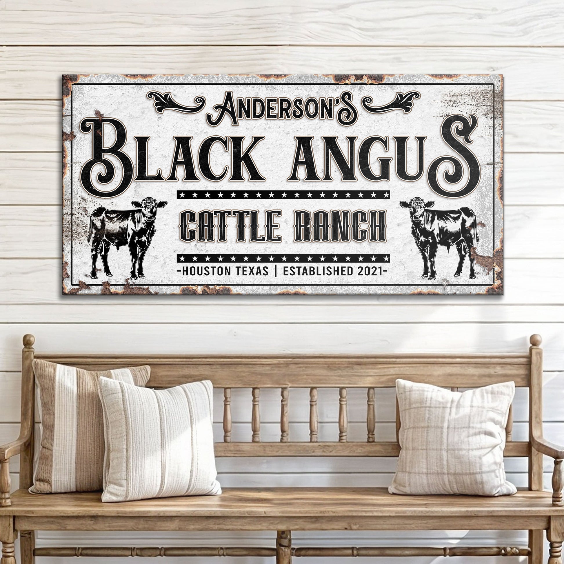 Personalized Black Angus cattle sign canvas with rustic distressed look Tailored Canvases on Tampa Home & Garden Store