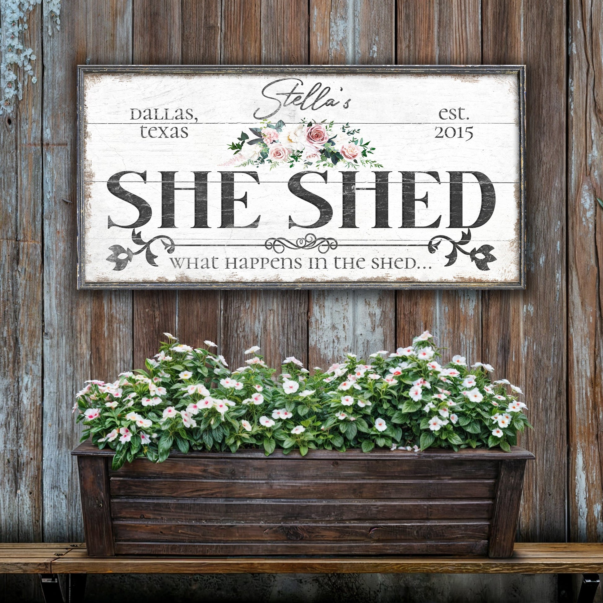 Personalized She Shed Sign VII canvas framed with floral bouquet on distressed white wood on Tampa Home & Garden Store