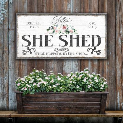 Personalized She Shed Sign VII canvas framed with floral bouquet on distressed white wood on Tampa Home & Garden Store