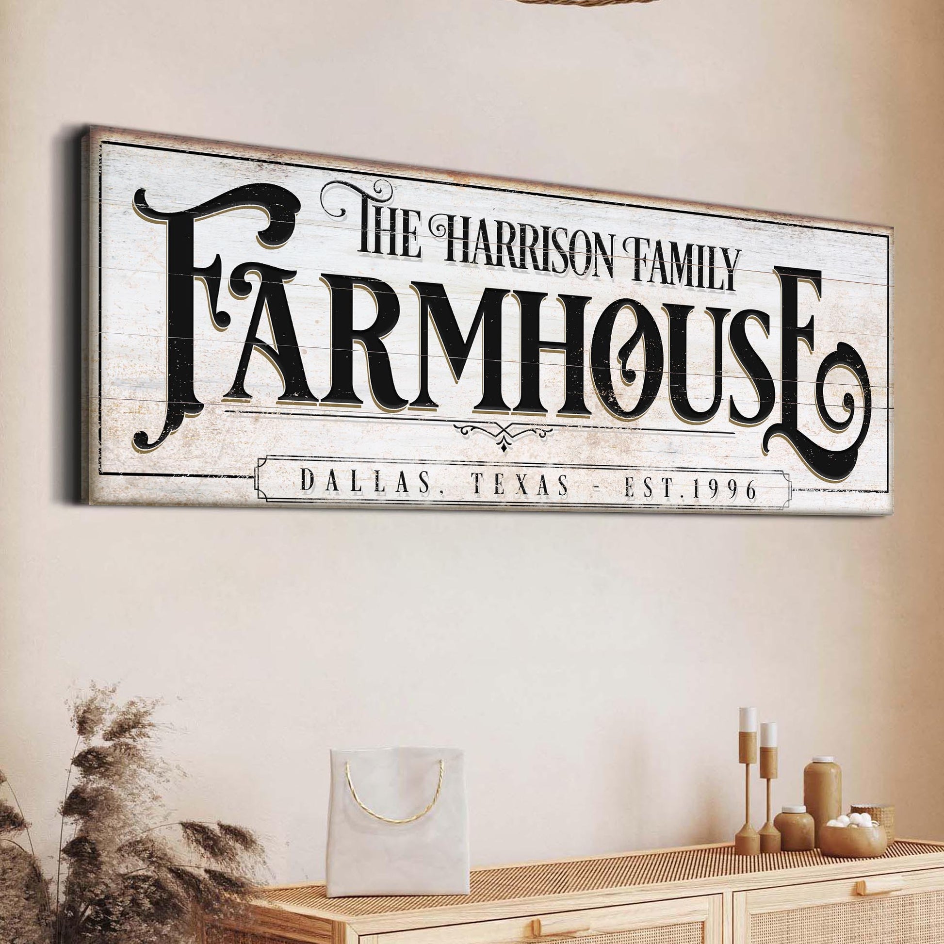 Vintage Rust Farmhouse Sign canvas by Tailored Canvases, white with black lettering on Tampa Home & Garden Store