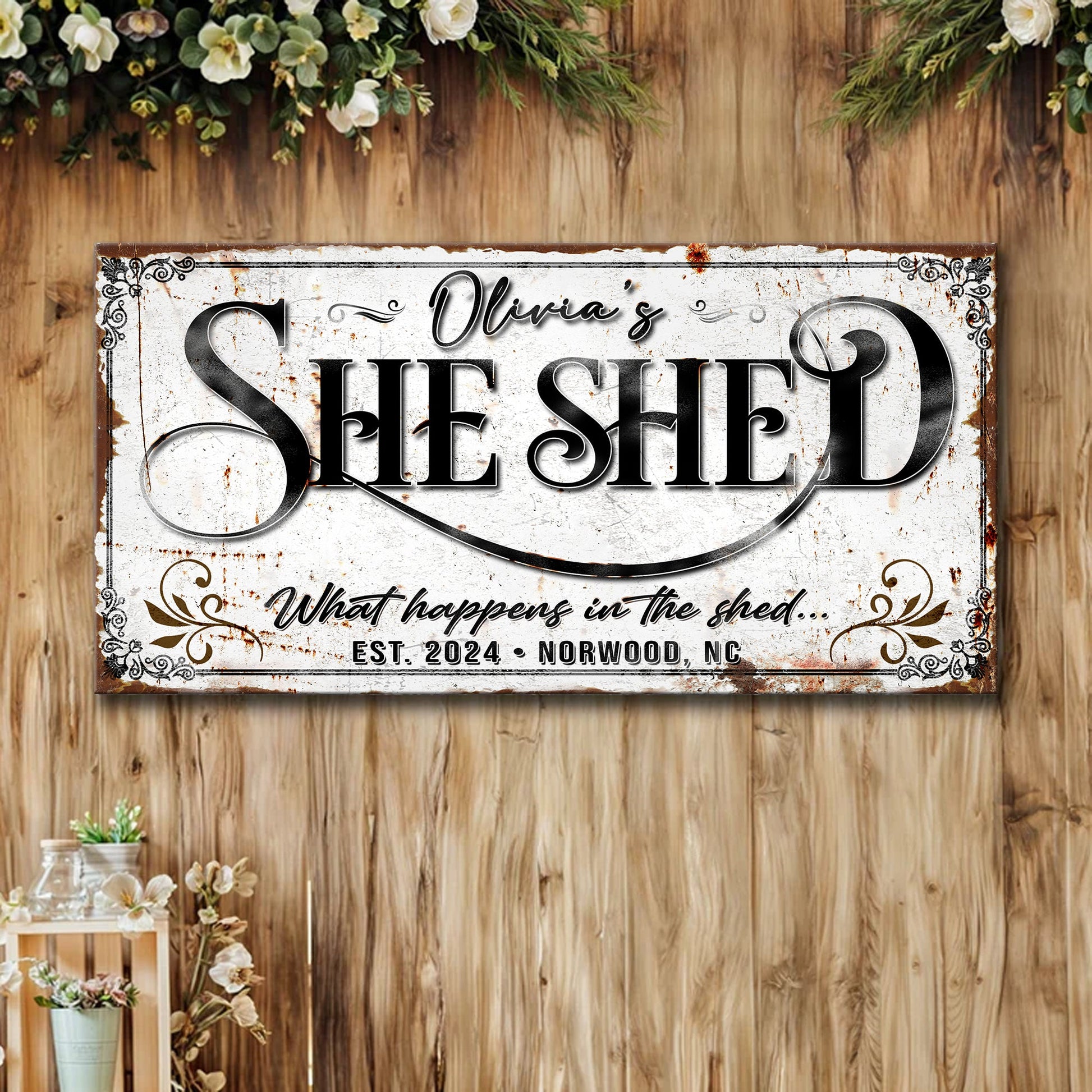 Tailored Canvases canvas sign Personalized She Shed XVIII with distressed texture on Tampa Home & Garden Store