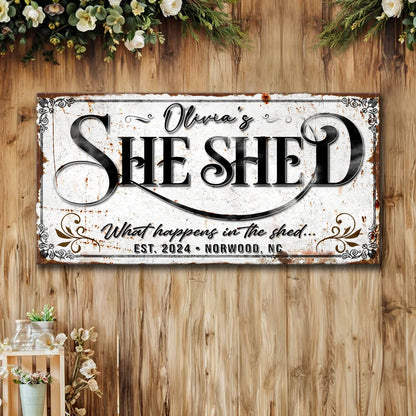 Tailored Canvases canvas sign Personalized She Shed XVIII with distressed texture on Tampa Home & Garden Store