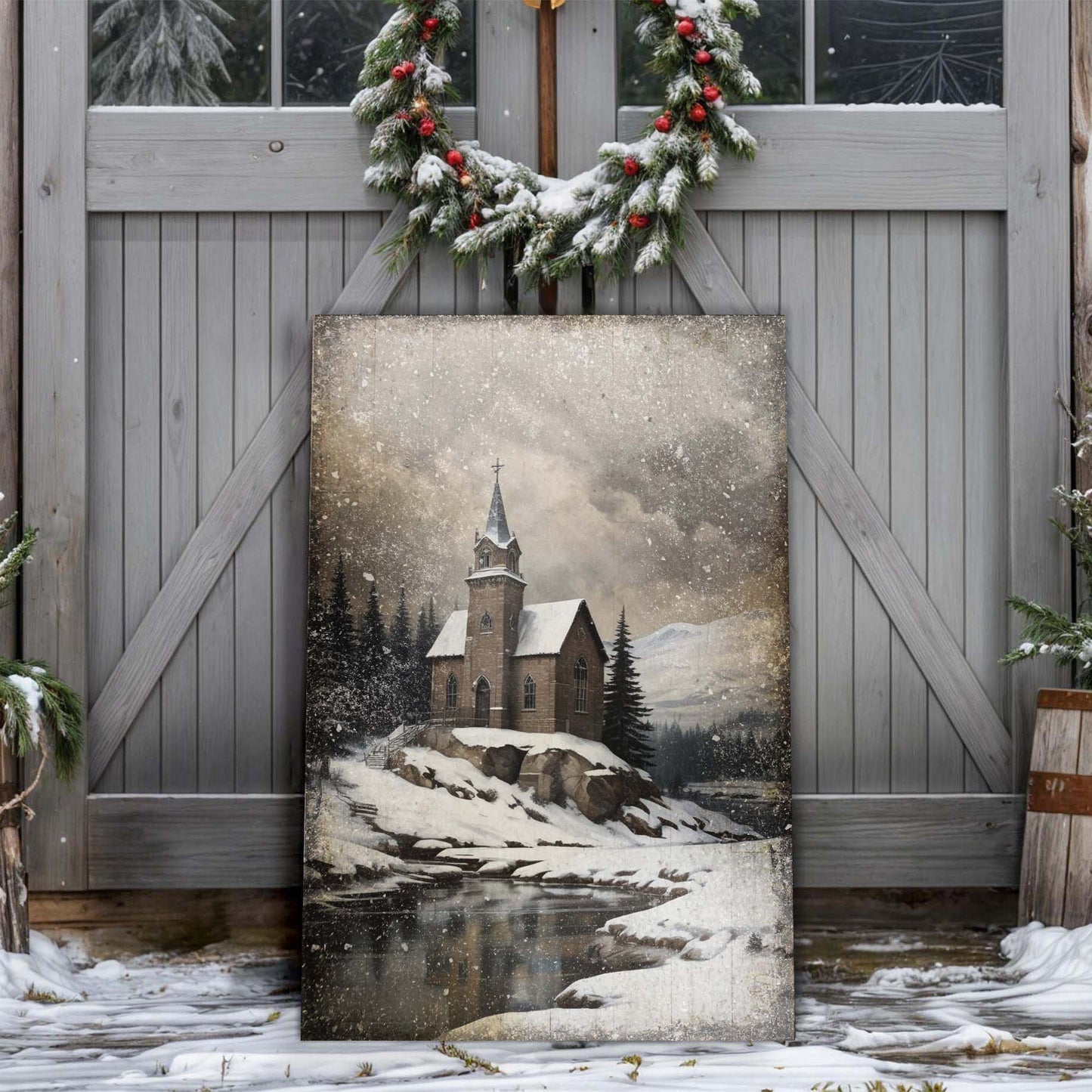 Vintage Church Christmas Wall Art II canvas by Tailored Canvases featuring a snowy church scene on Tampa Home & Garden Store