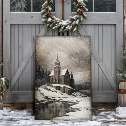 Vintage Church Christmas Wall Art II canvas by Tailored Canvases featuring a snowy church scene on Tampa Home & Garden Store