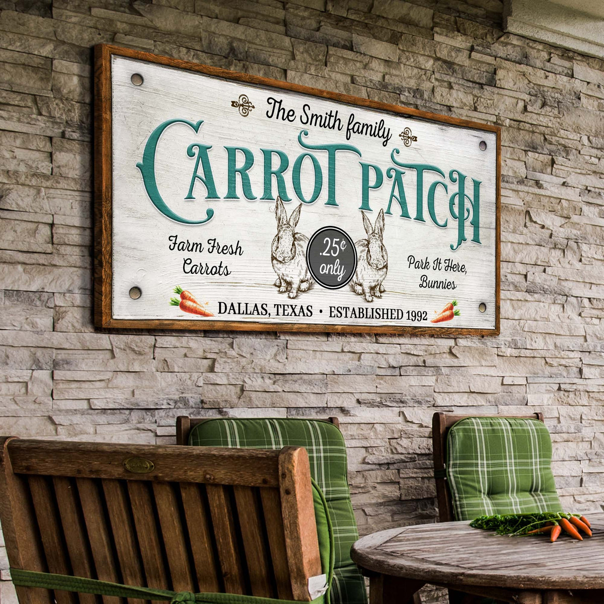 Farm Fresh Carrot Patch Sign II canvas with teal CARROT PATCH lettering and rabbits on Tampa Home & Garden Store