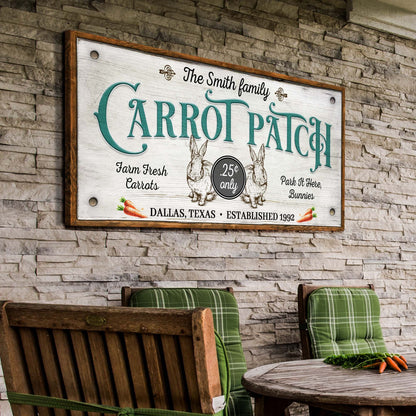 Farm Fresh Carrot Patch Sign II canvas with teal CARROT PATCH lettering and rabbits on Tampa Home & Garden Store