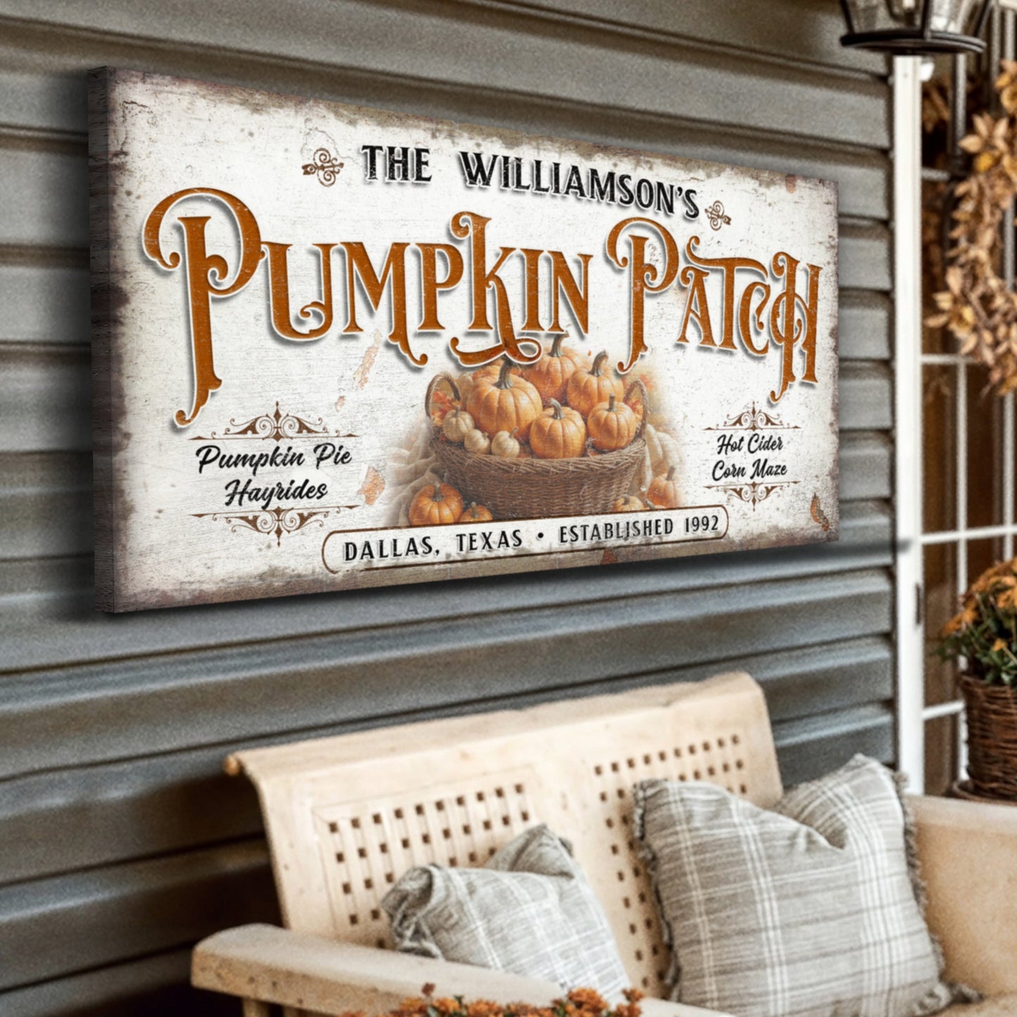 Personalized Pumpkin Patch Sign II canvas with white finish and orange pumpkins on Tampa Home & Garden Store