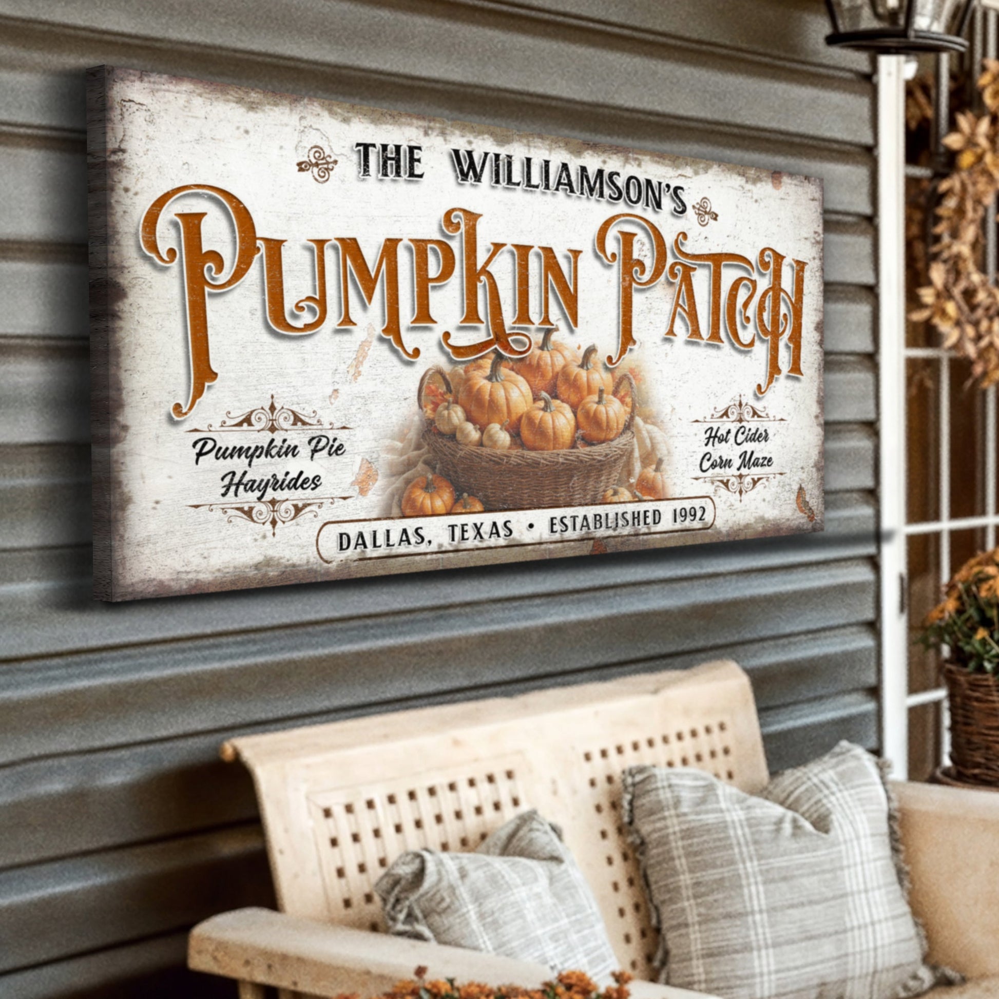 Personalized Pumpkin Patch Sign II canvas with white finish and orange pumpkins on Tampa Home & Garden Store