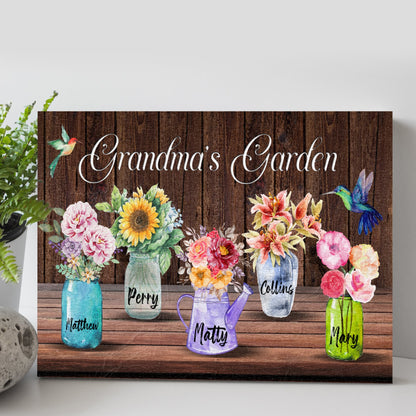 Mother's Day sign Grandma's Garden canvas with wood plank background and vibrant flowers on Tampa Home & Garden Store