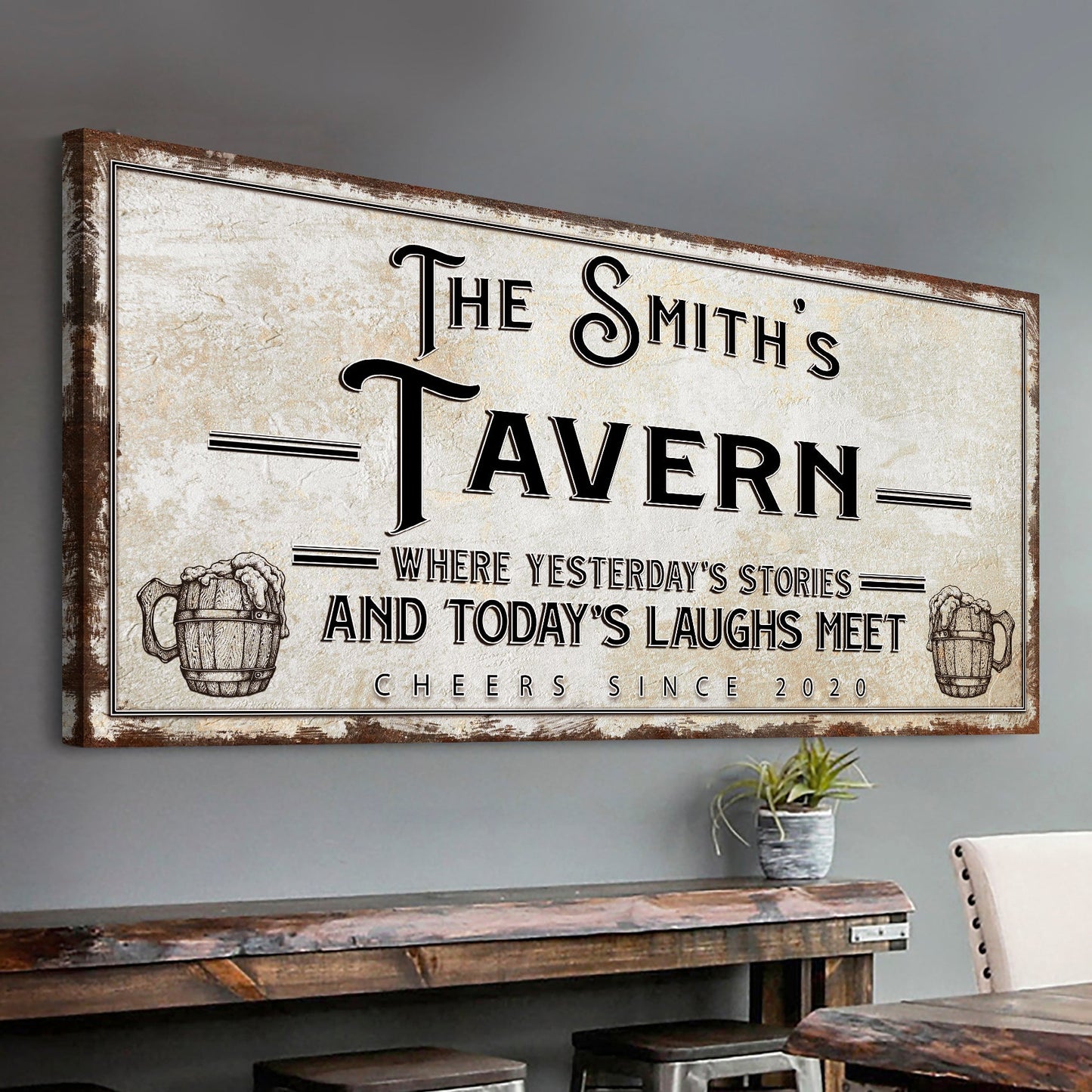 Tailored Canvases canvas sign The Smith's Tavern with beer mugs on rustic frame on Tampa Home & Garden Store