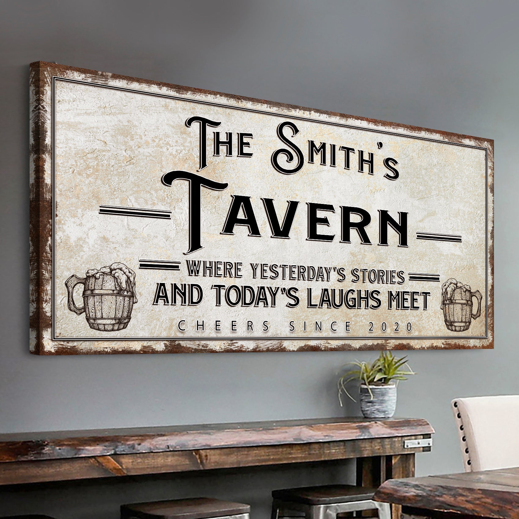Tailored Canvases canvas sign The Smith's Tavern with beer mugs on rustic frame on Tampa Home & Garden Store