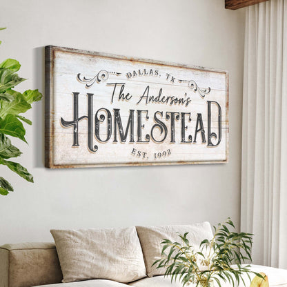 Homestead Sign VII canvas with distressed wood look and vintage typography on Tampa Home & Garden Store