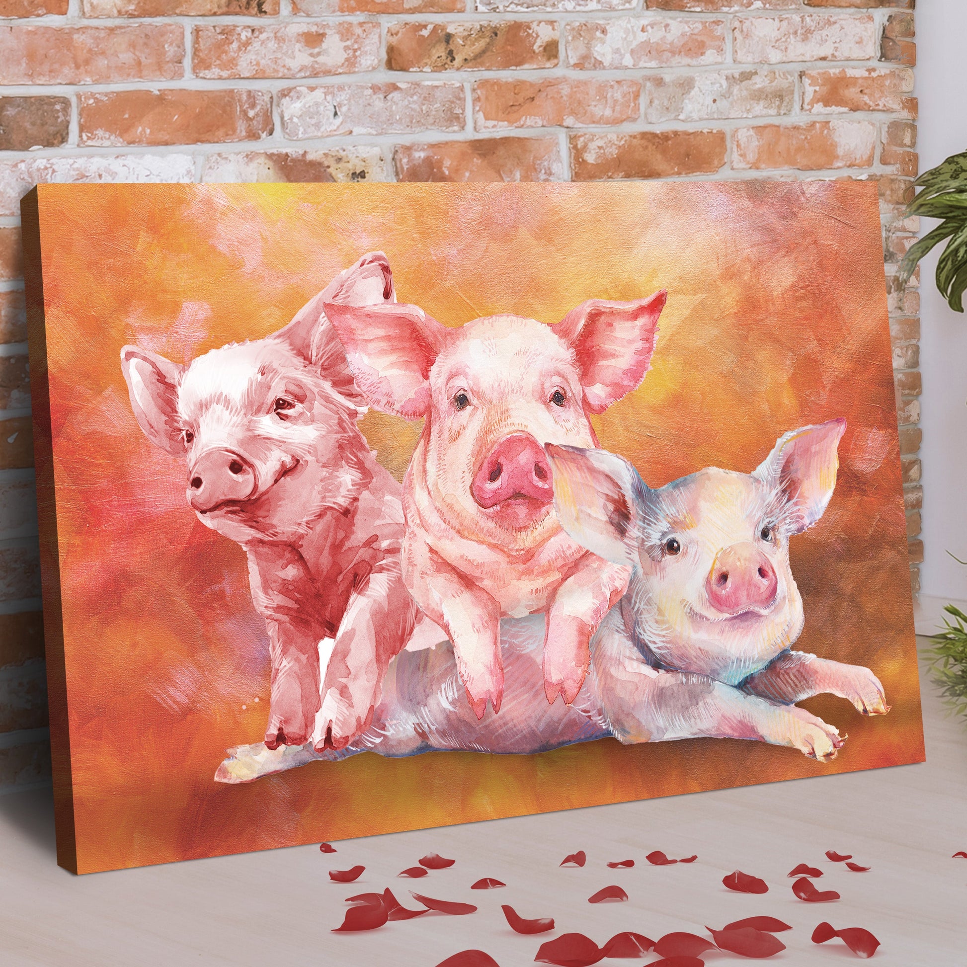 Three Baby Pigs watercolor canvas wall art by Tailored Canvases in warm orange hues on Tampa Home & Garden Store