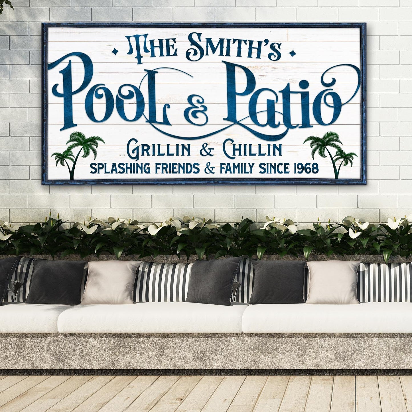 Personalized Pool Bar Sign II canvas with blue script on white wood palm accents on Tampa Home & Garden Store