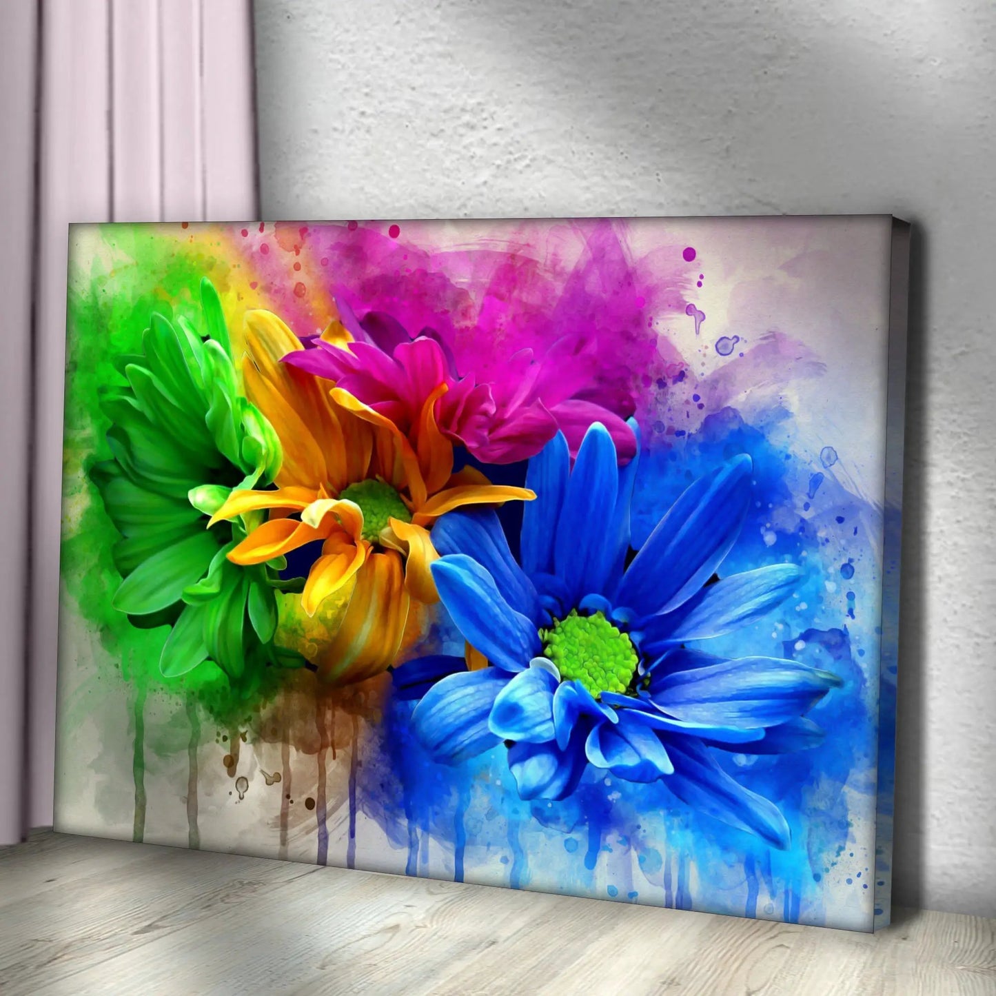 Watercolor Daisies Canvas Wall Art with vibrant rainbow petals and watercolor splash details on Tampa Home & Garden Store