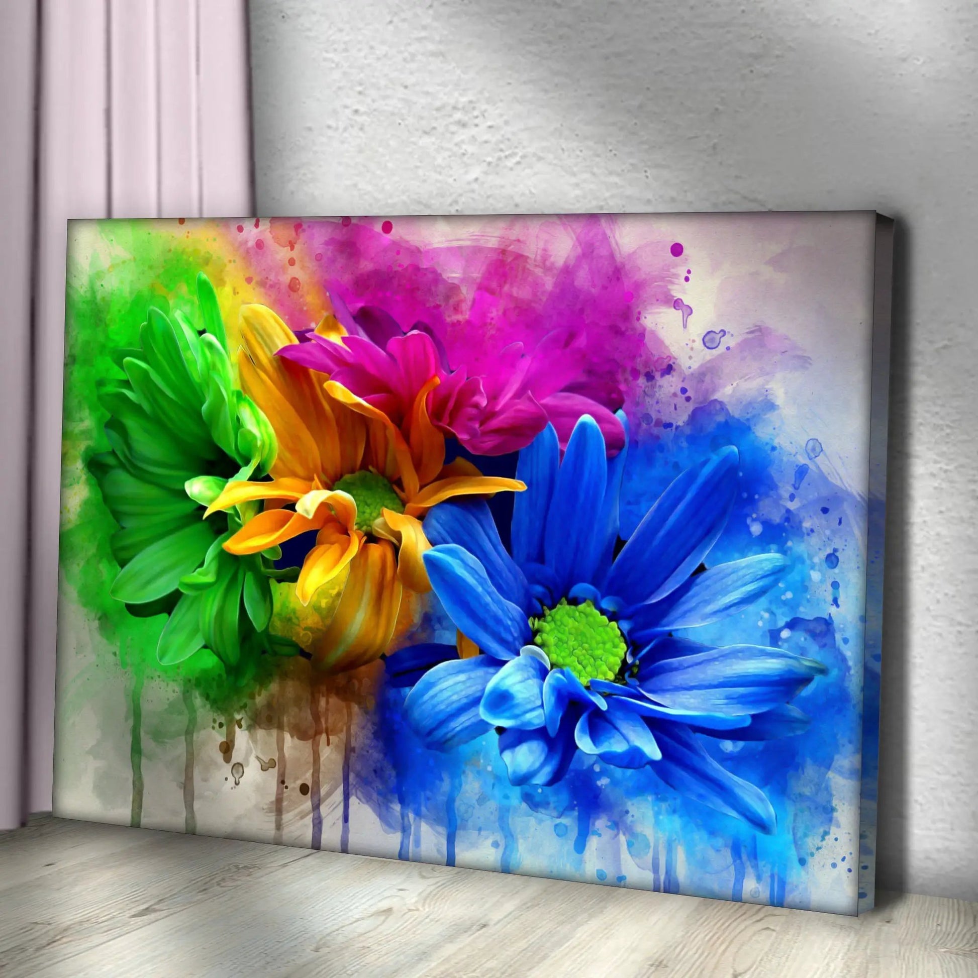 Watercolor Daisies Canvas Wall Art with vibrant rainbow petals and watercolor splash details on Tampa Home & Garden Store