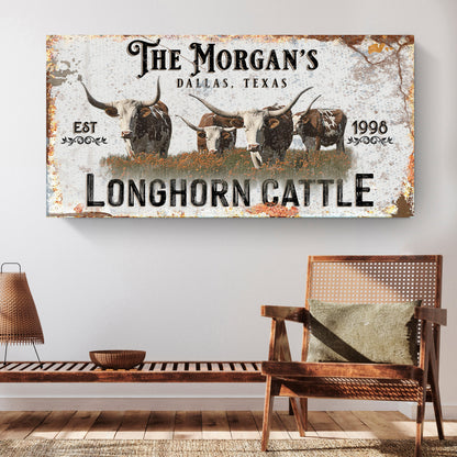 Personalized Long Horn Cattle Sign II canvas with four longhorns on a rustic backdrop EST 1998 on Tampa Home & Garden Store