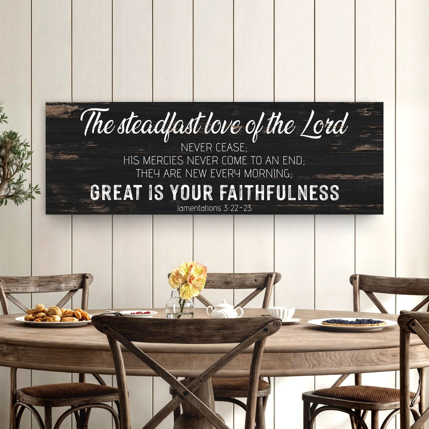 The Steadfast Love of the Lord canvas sign Lamentations 3:22-23 white script on wood on Tampa Home & Garden Store