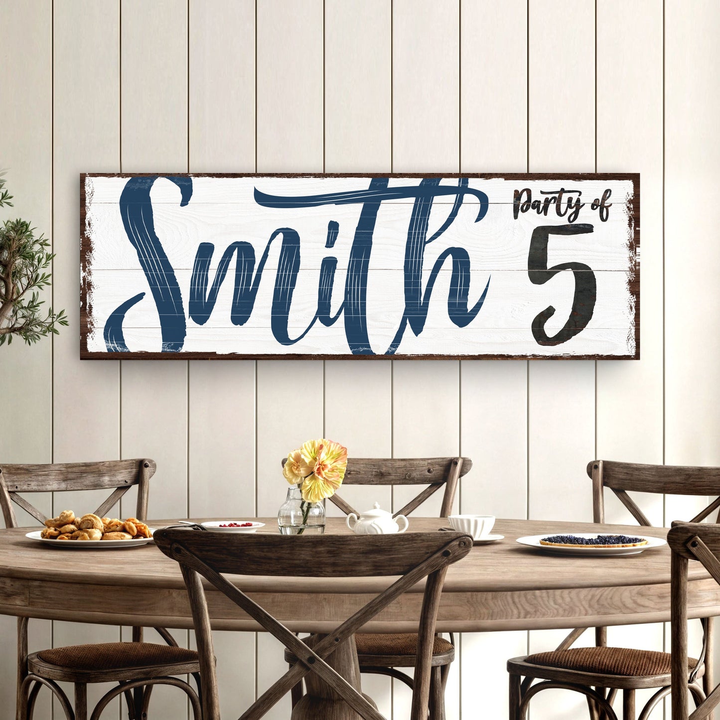 Personalized Party of Family Sign canvas with rustic whitewash wood and blue script on Tampa Home & Garden Store