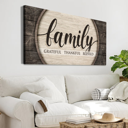 Canvas sign Grateful Thankful Blessed Family with rustic wood background by Tailored Canvases on Tampa Home & Garden Store