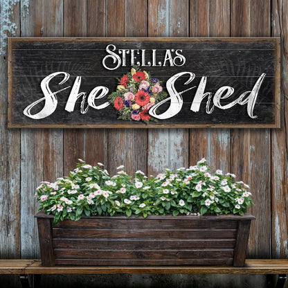 Personalized She Shed Sign VI canvas with floral bouquet Tailored Canvases on Tampa Home & Garden Store