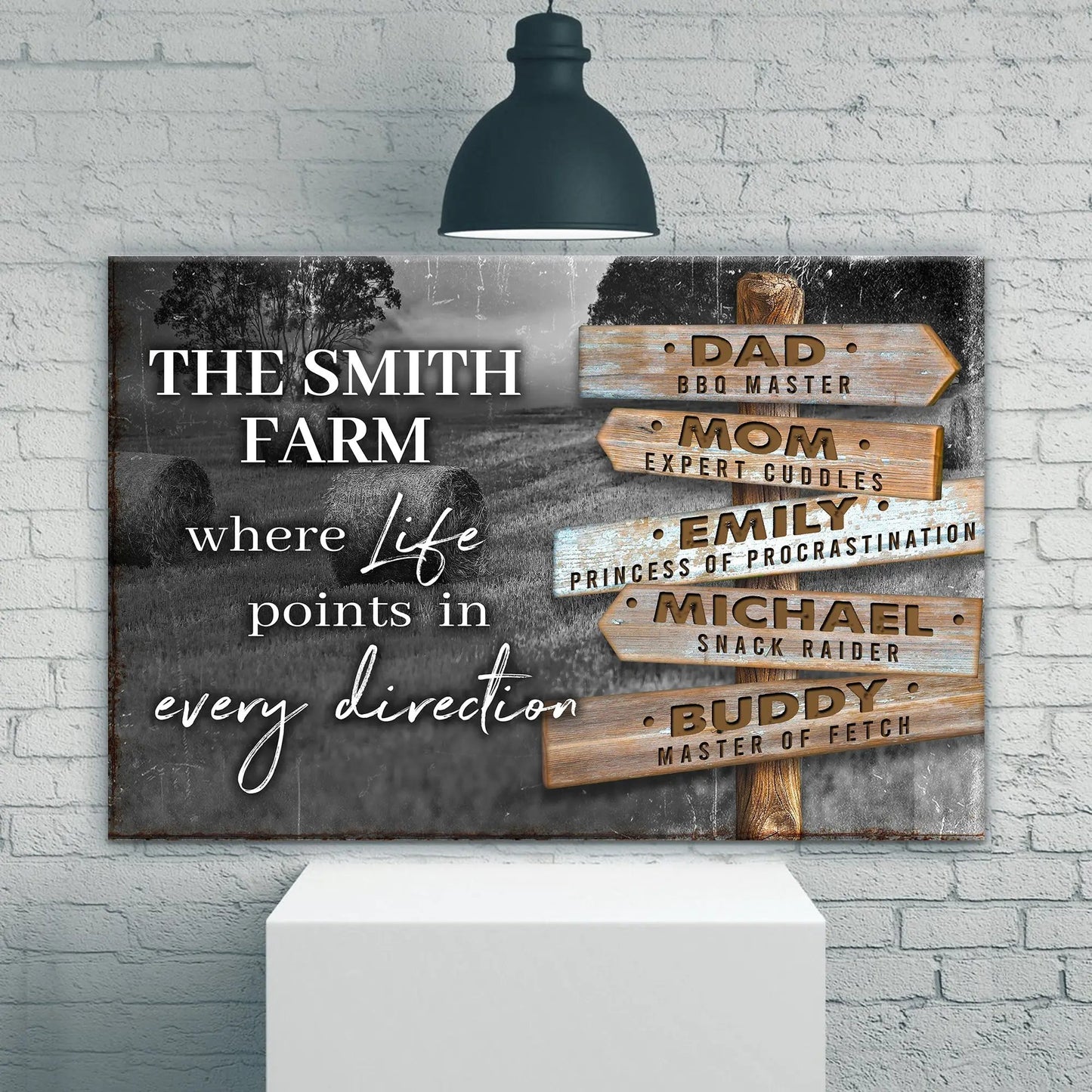 Canvas wall art The Smith Farm with rustic wooden signposts bearing family names against a grayscale farm scene on Tampa Home & Garden Store