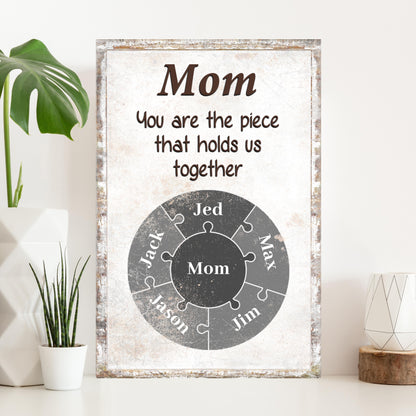 Mom Personalized Puzzle Sign canvas with distressed wood frame and black puzzle-circle design on Tampa Home & Garden Store