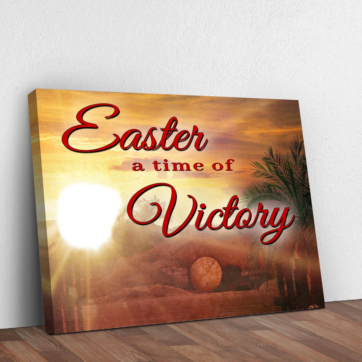 Canvas sign A Time Of Victory with sunset background and red cursive text on Tampa Home & Garden Store