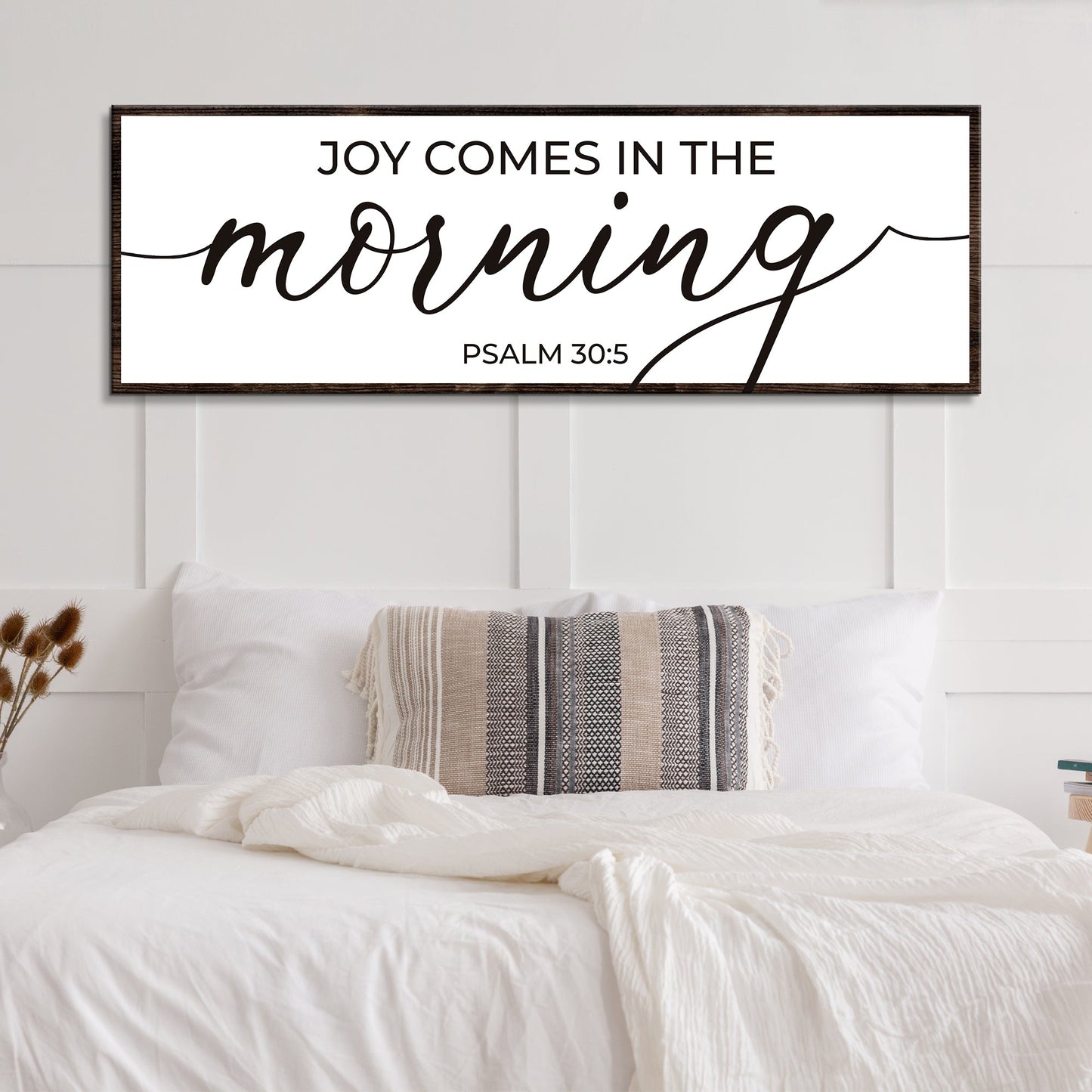 Joy Comes In Morning Faith Sign canvas with black script and dark wood frame Tailored Canvases on Tampa Home & Garden Store