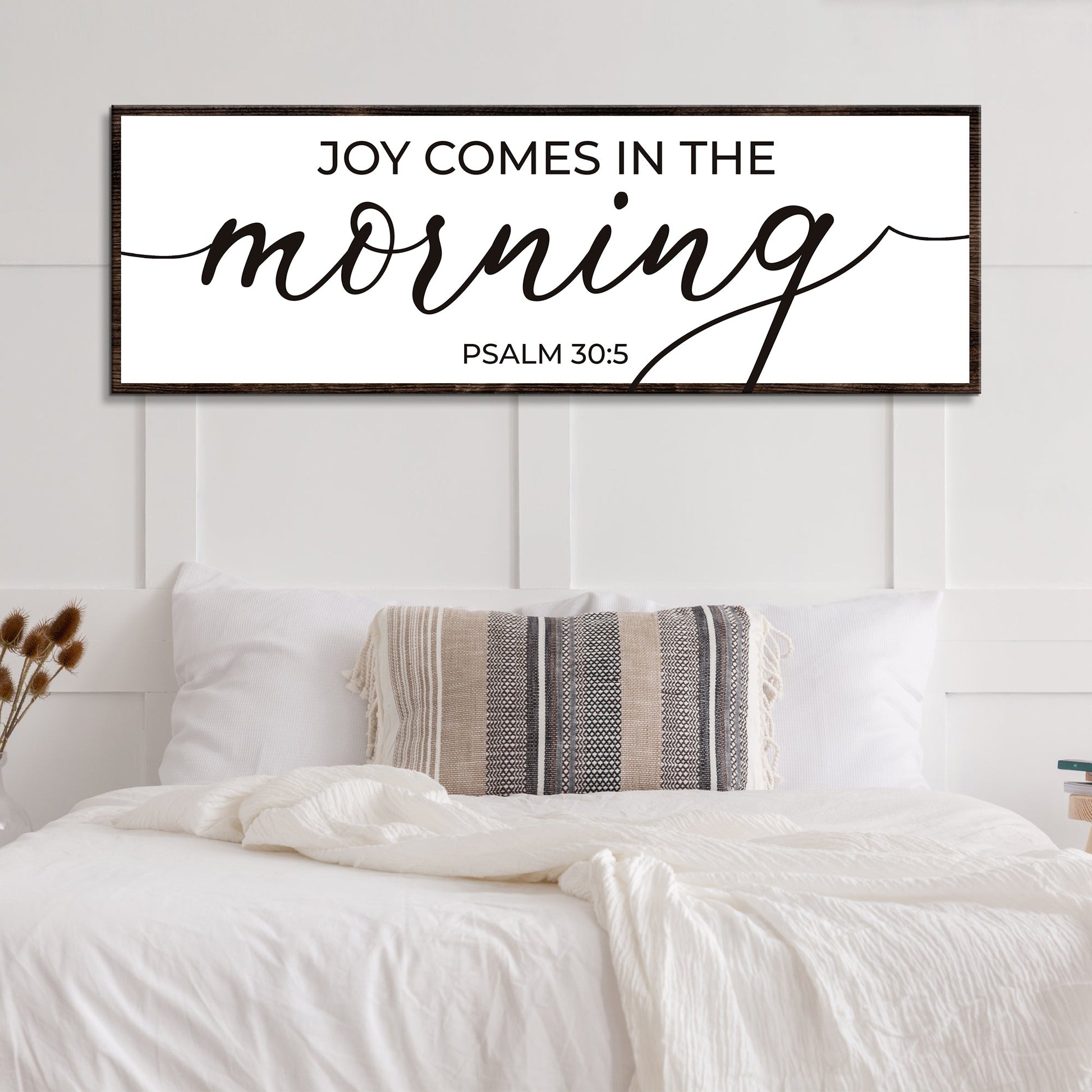 Joy Comes In Morning Faith Sign canvas with black script and dark wood frame Tailored Canvases on Tampa Home & Garden Store