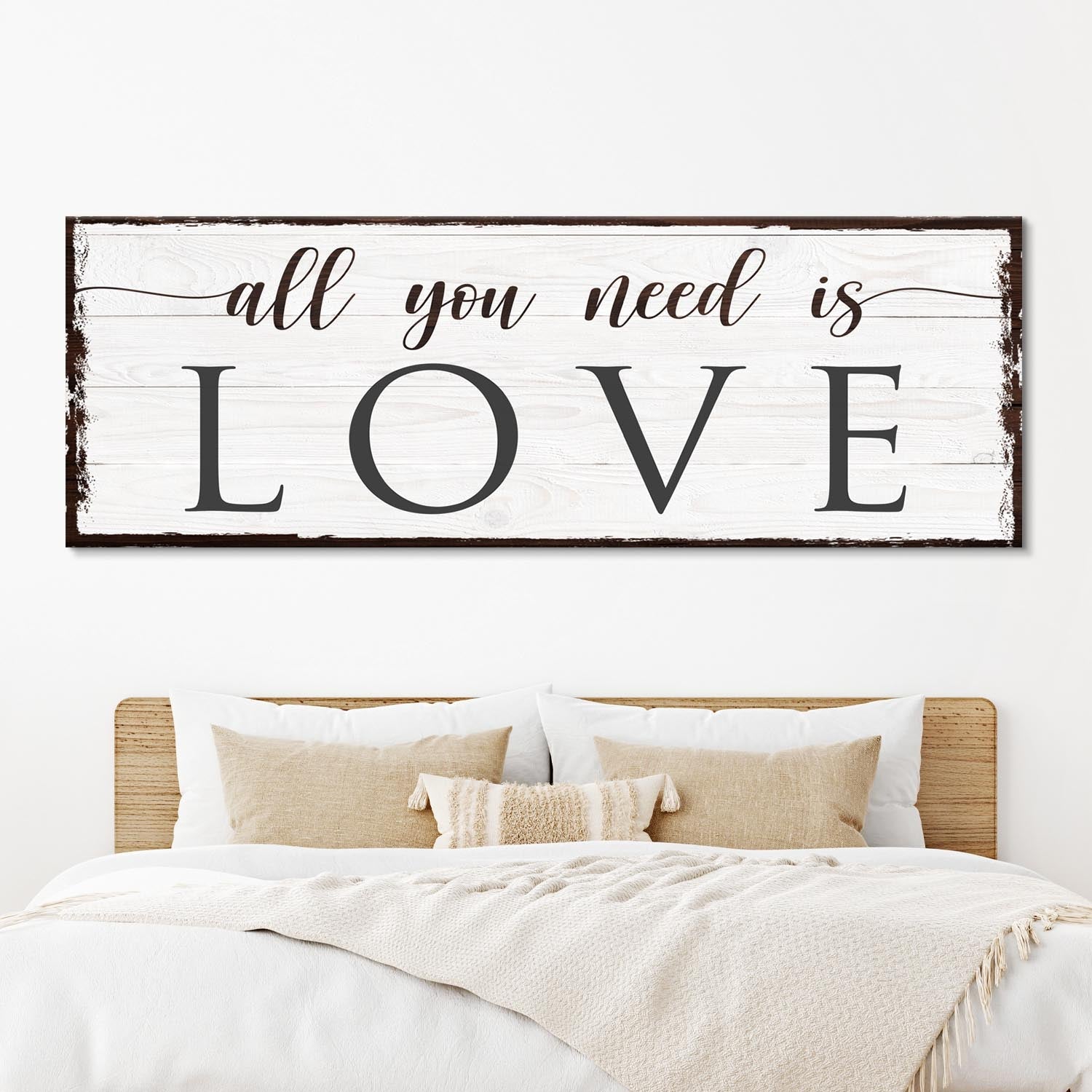 All You Need Is Love Canvas sign on whitewashed wood with dark frame Tailored Canvases on Tampa Home & Garden Store
