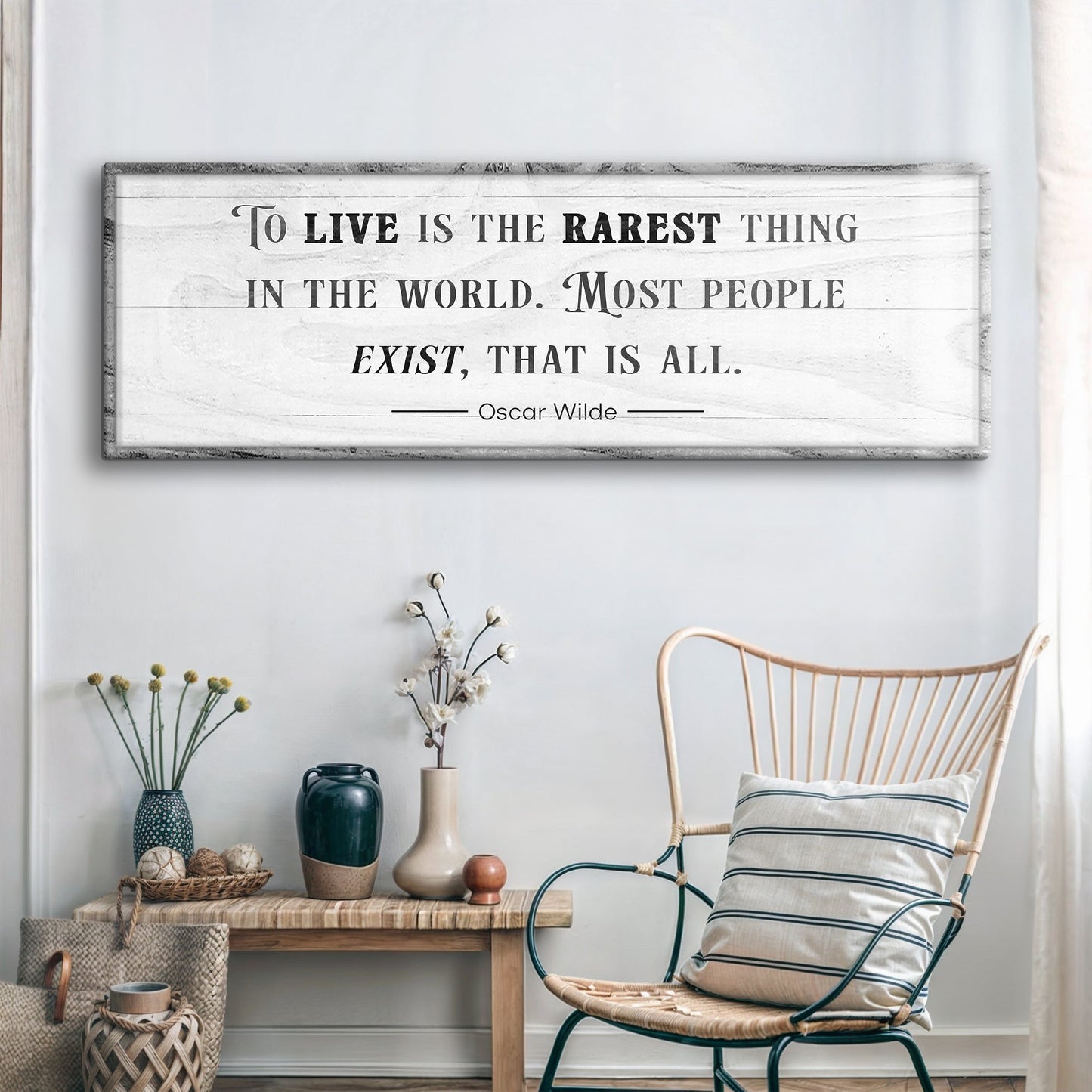 To Live Is The Rarest Thing farmhouse canvas sign by Tailored Canvases with serif text on Tampa Home & Garden Store