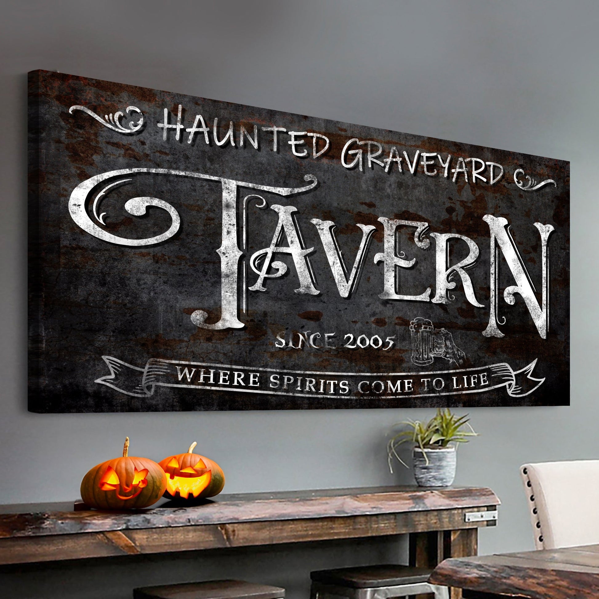 Haunted Graveyard Tavern Sign III canvas with rusted metal finish by Tailored Canvases on Tampa Home & Garden Store