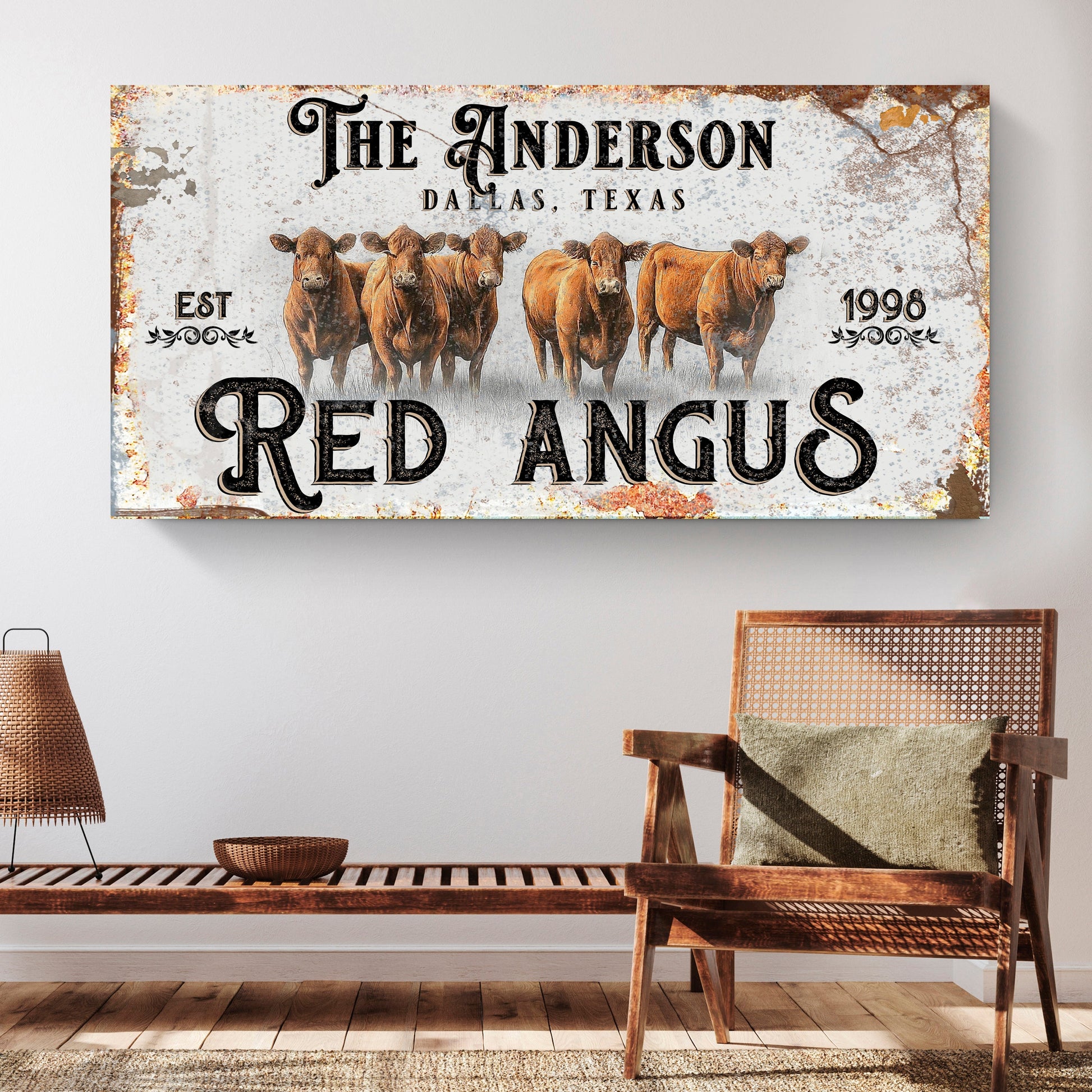 Red Angus Sign canvas by Tailored Canvases with five cows on a distressed rustic background on Tampa Home & Garden Store