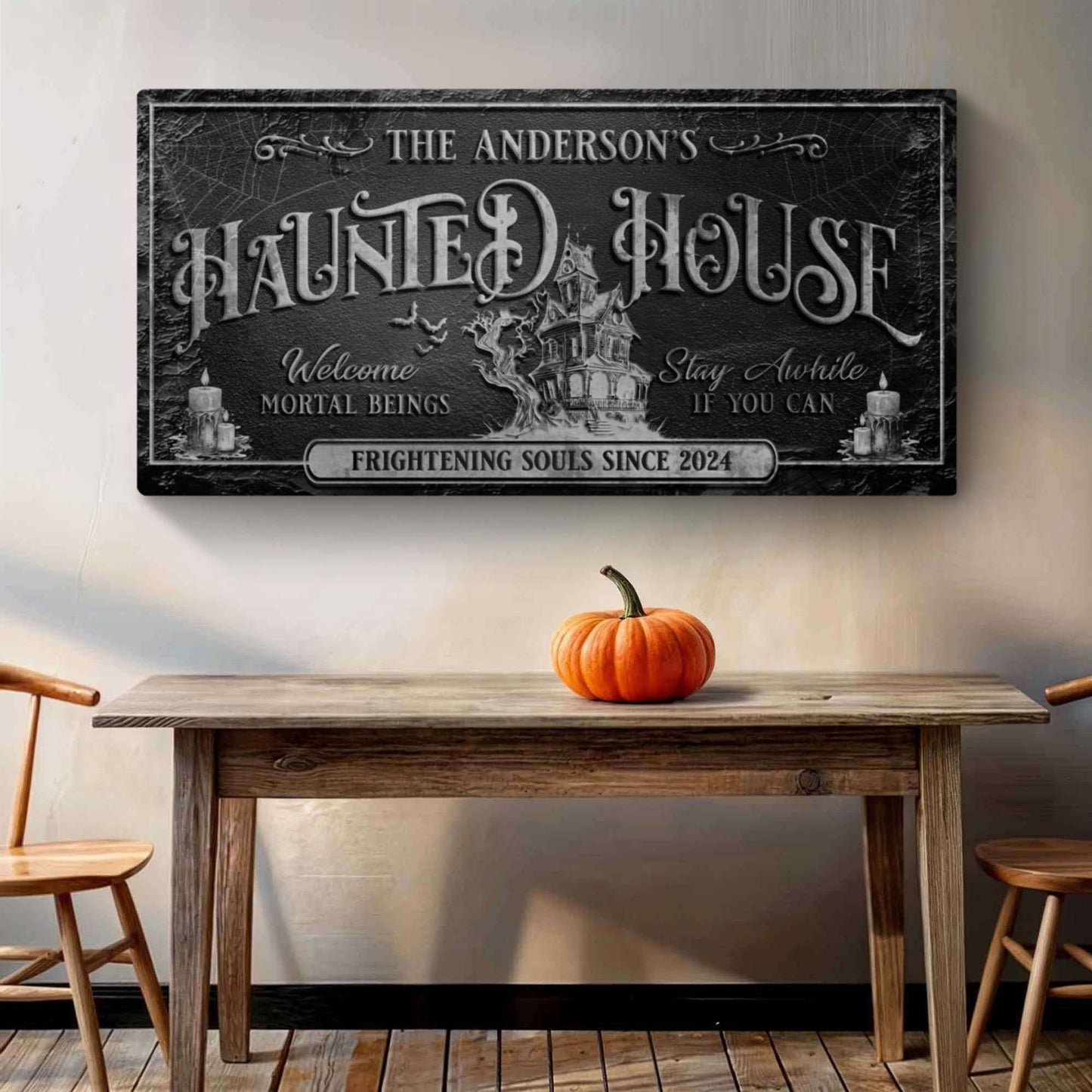 Personalized Haunted House Sign canvas by Tailored Canvases in black with Gothic lettering on Tampa Home & Garden Store