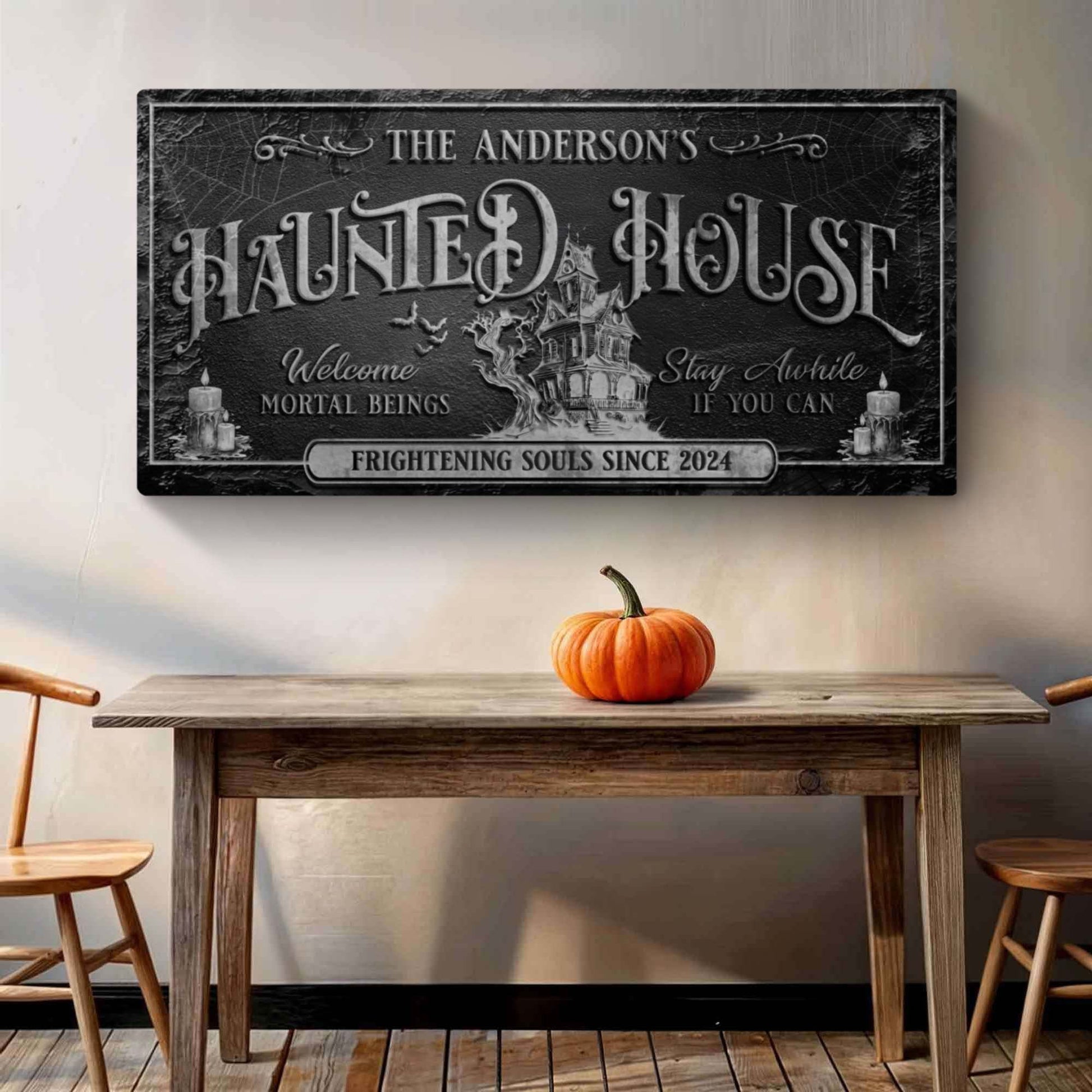 Personalized Haunted House Sign canvas by Tailored Canvases in black with Gothic lettering on Tampa Home & Garden Store