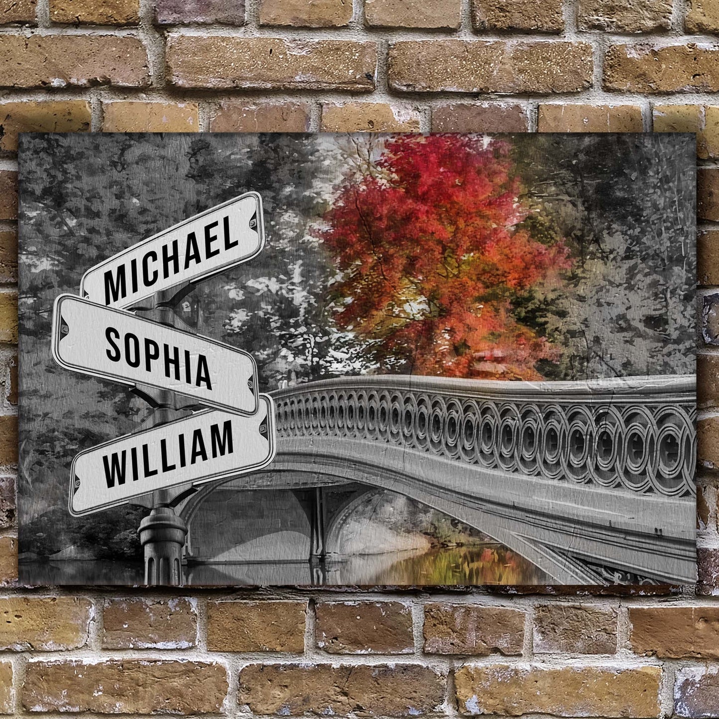 Autumn Bridge Family Names Sign canvas with name signs Michael, Sophia, William amid autumn on Tampa Home & Garden Store