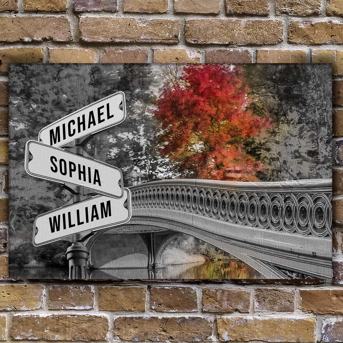Autumn Bridge Family Names Sign canvas with name signs Michael, Sophia, William amid autumn on Tampa Home & Garden Store
